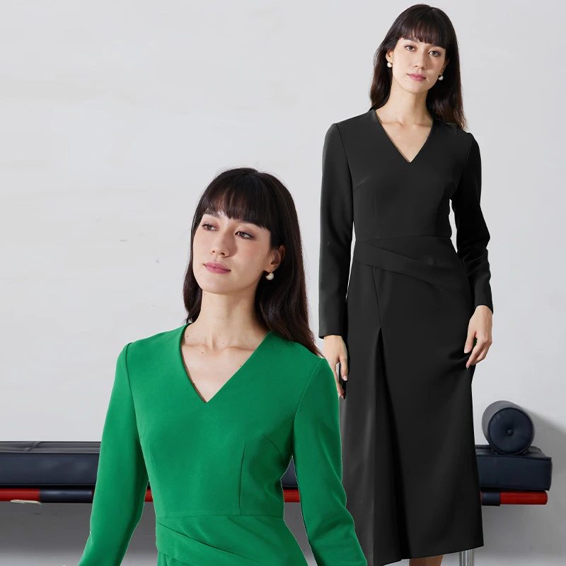 V领都市通勤时髦不规则褶装饰连衣裙