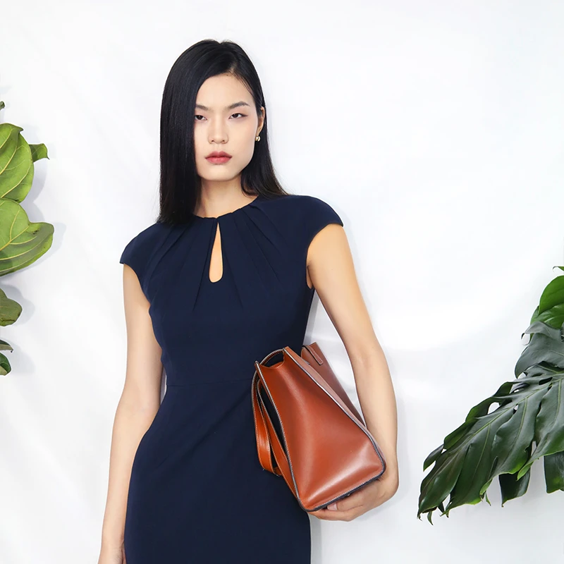 BRAND BY MEI职场精英藏蓝色过膝水滴设计铅笔包臀连衣裙