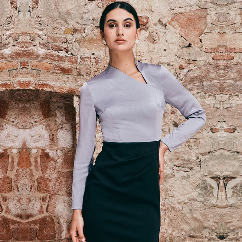 醋酸混纺撞色拼接时髦不规则设计感三角领铅笔连衣裙