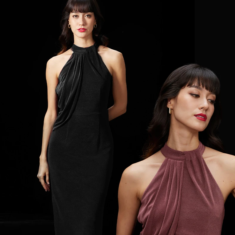 【女神轻礼服系列】挂脖醋酸针织削肩膝下女士时尚连衣裙