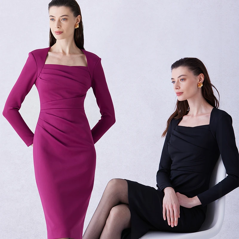 职场时髦精黑色紫色高弹力方领掐褶子设计感通勤职场铅笔裙