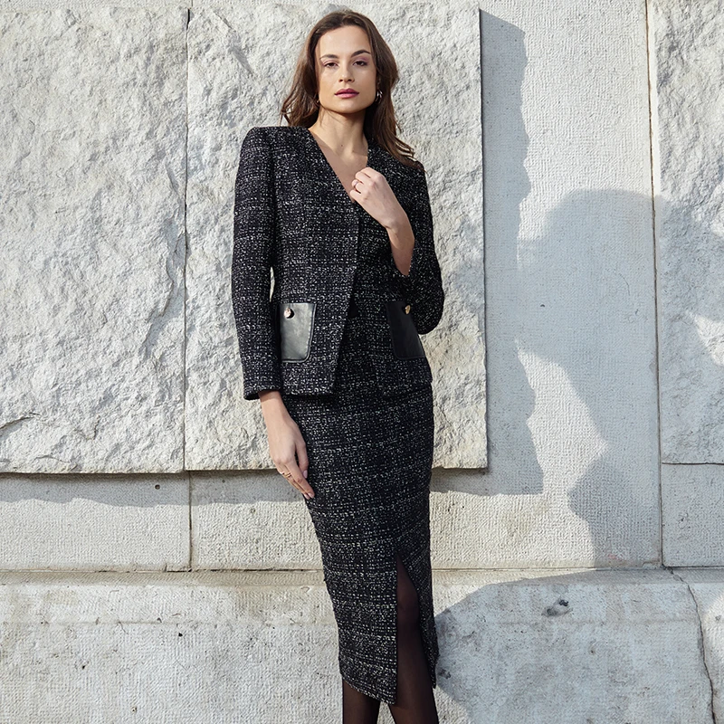 BRANDBYMEI塑造经典融汇简约风格/编织小香风拼皮西装短外套秋冬