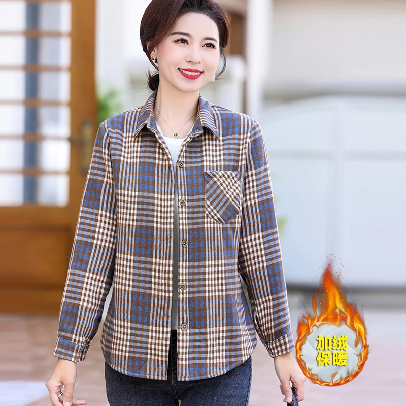 格子衬衫女加绒加厚新品大码宽松上衣服妈妈装秋冬季保暖外套衬衣