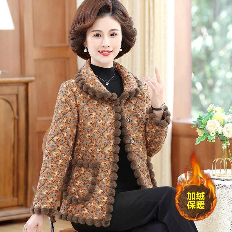 中老年女装秋冬新款碎花棉袄妈妈装加绒加厚冬装棉服保暖棉衣外套