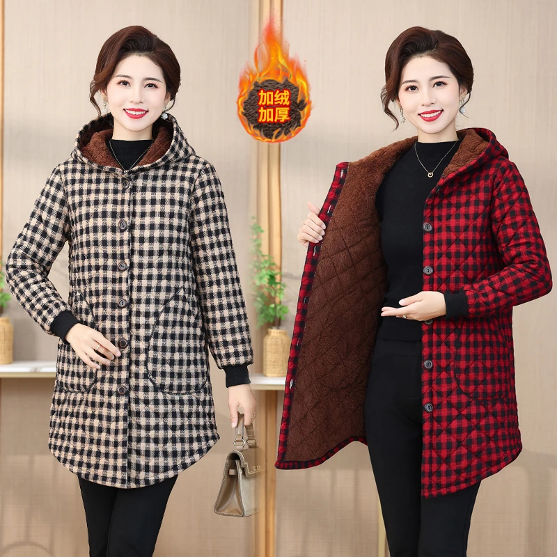 妈妈装冬季加绒加厚连帽保暖棉衣格子棉服中老年女中长款棉袄外套