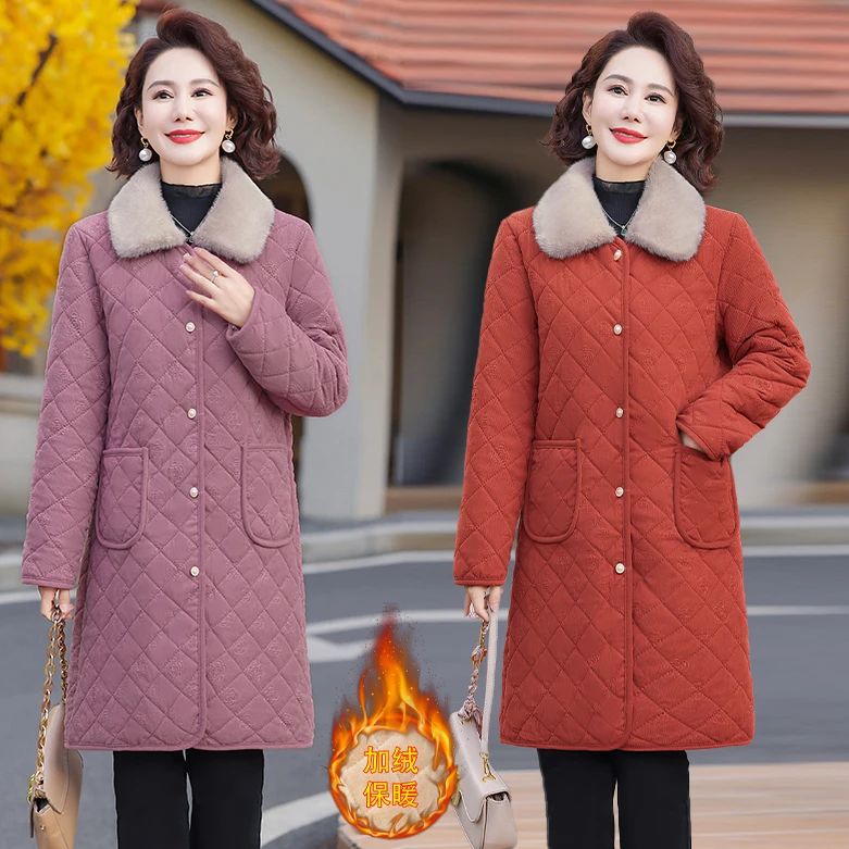 洋气妈妈冬装毛领长款加绒保暧棉衣外套中老年女宽松休闲保暖棉袄