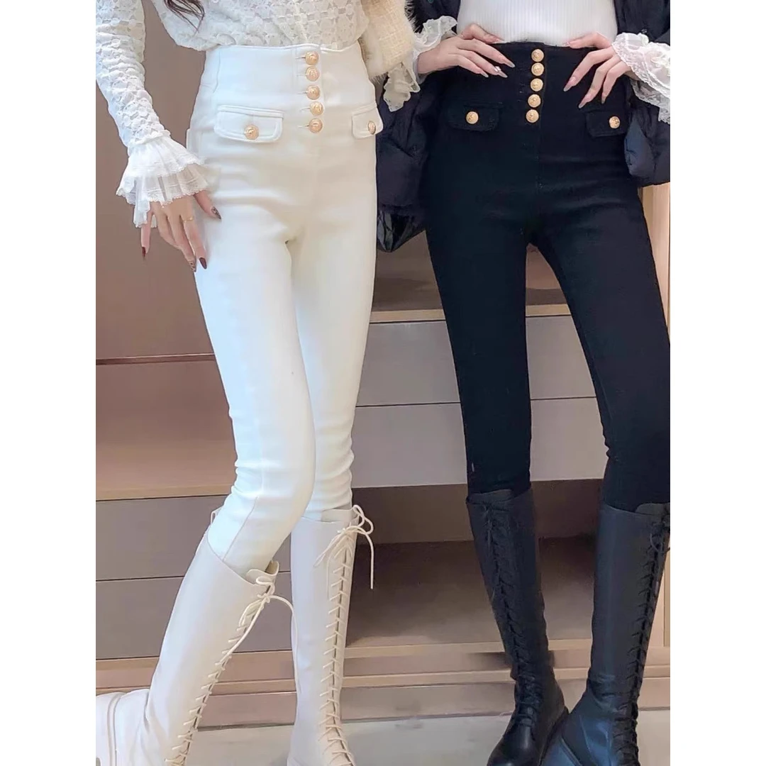 （xY精选）高腰.抓毛.双兜金属扣气质名媛弹力铅笔打底牛仔裤