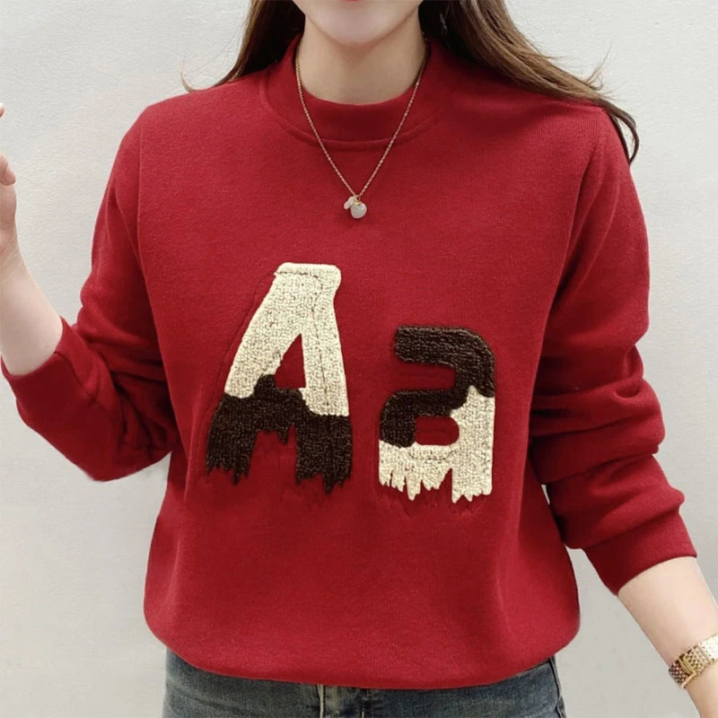 刺绣圆领卫衣女秋冬新款显瘦休闲百搭妈妈装长袖上衣外穿打底衫