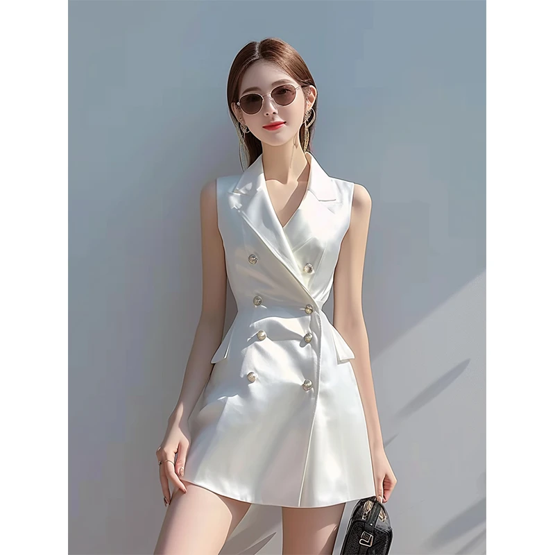 夏季新款小香风白色缎面气质时尚收腰高端精致法式无袖职业连衣裙