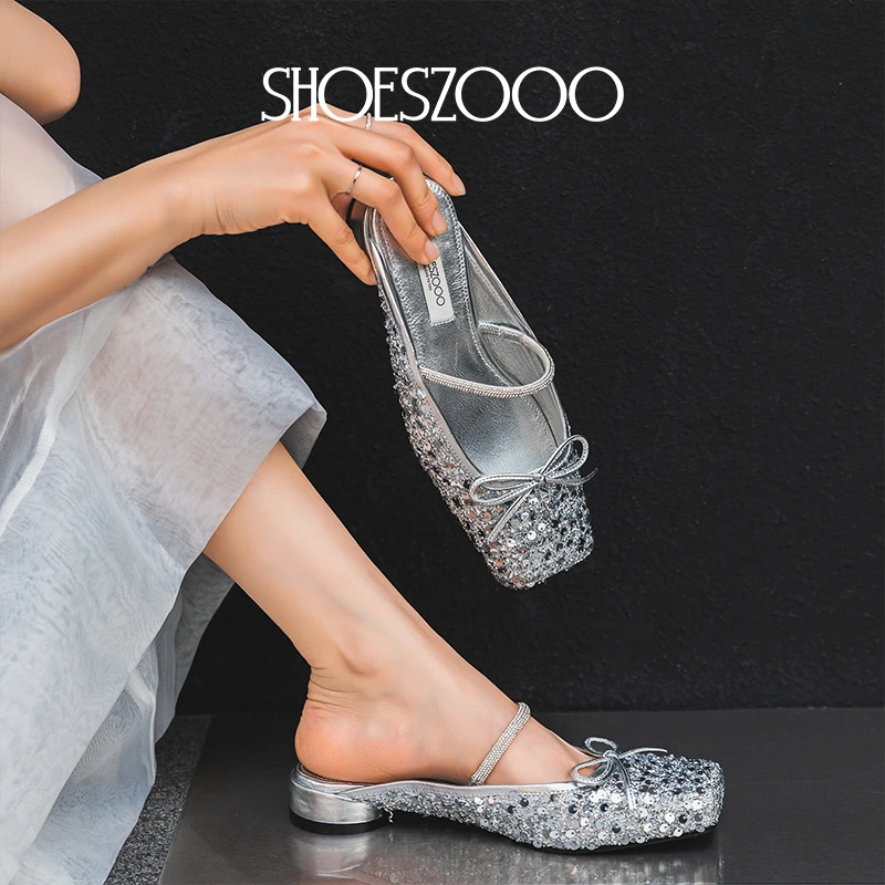 「星光系列」SHOESZOOO凉鞋女中粗跟包头半拖鞋外穿高跟单鞋凉拖鞋D