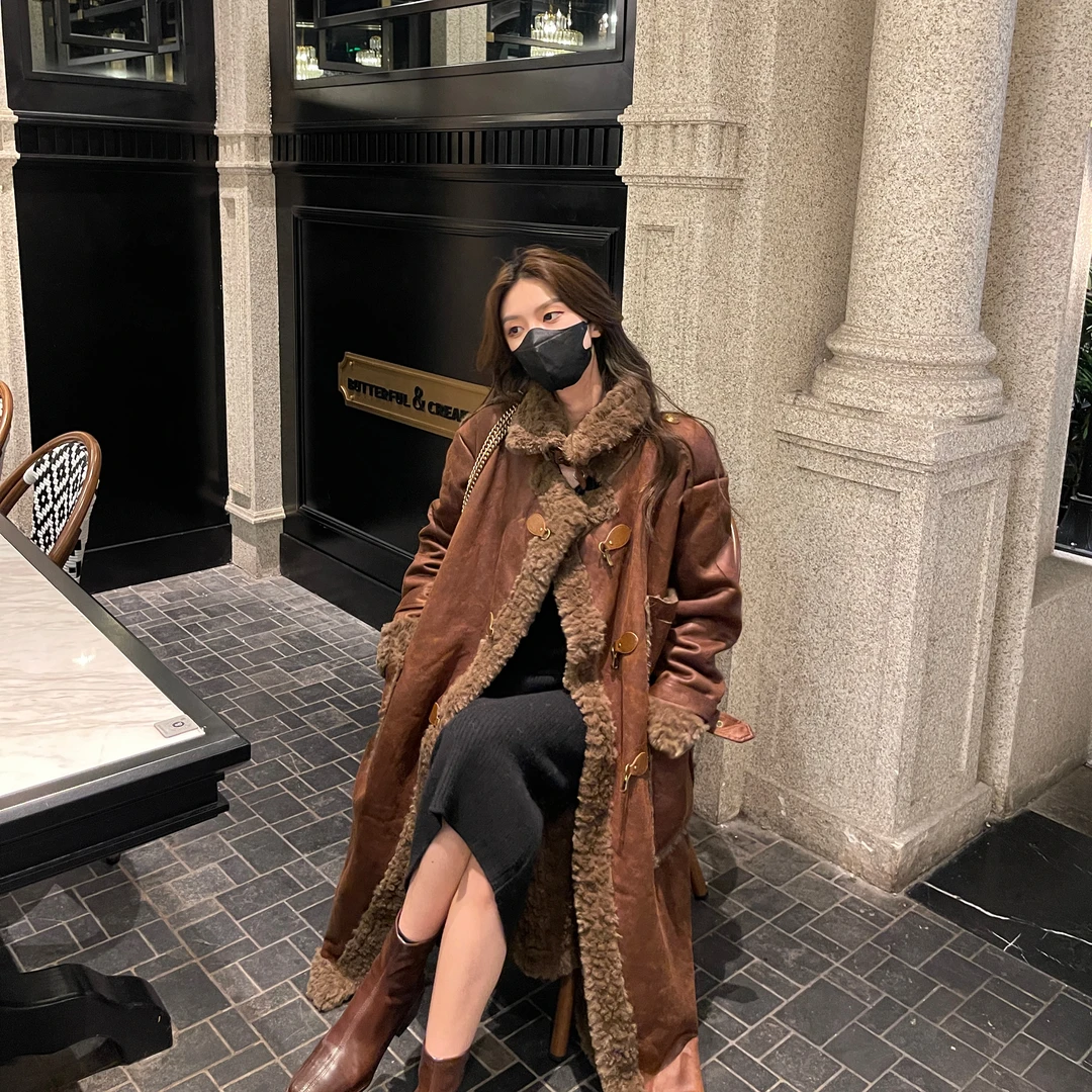 【llixu087】冬季保暖大衣女秋冬加厚立领长款机车大衣外套