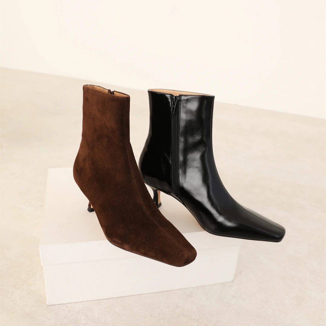 InkingPot彭姐 极简老钱风方头短靴女小猫跟牛皮时髦时装靴2024冬