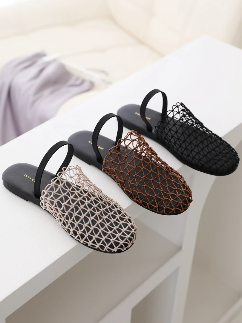 InkingPot彭姐 夏季镂空网面小众一字带包头拖鞋女外穿平底凉拖鞋