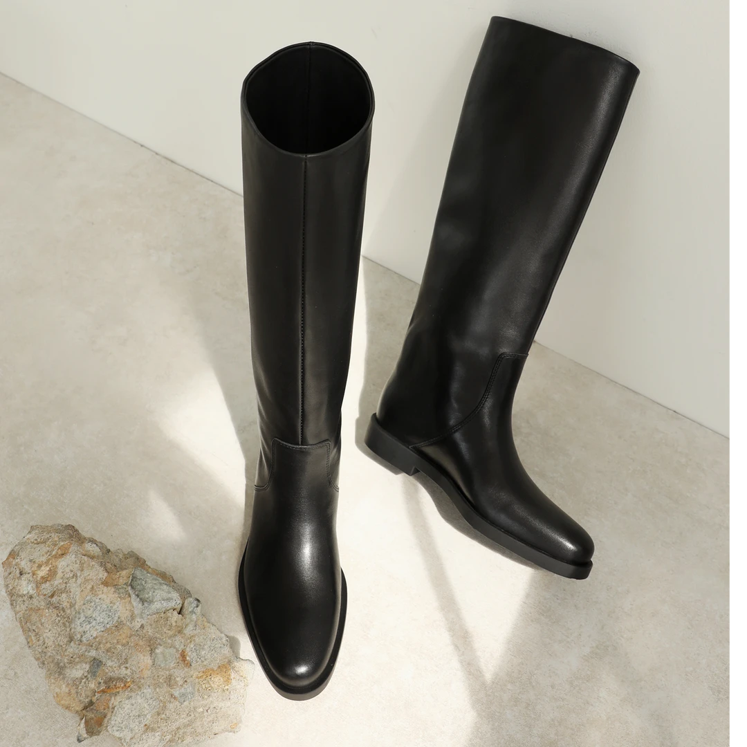 InkingPot彭姐 显瘦平底高筒长筒牛皮骑士靴女英伦风不过膝长靴子
