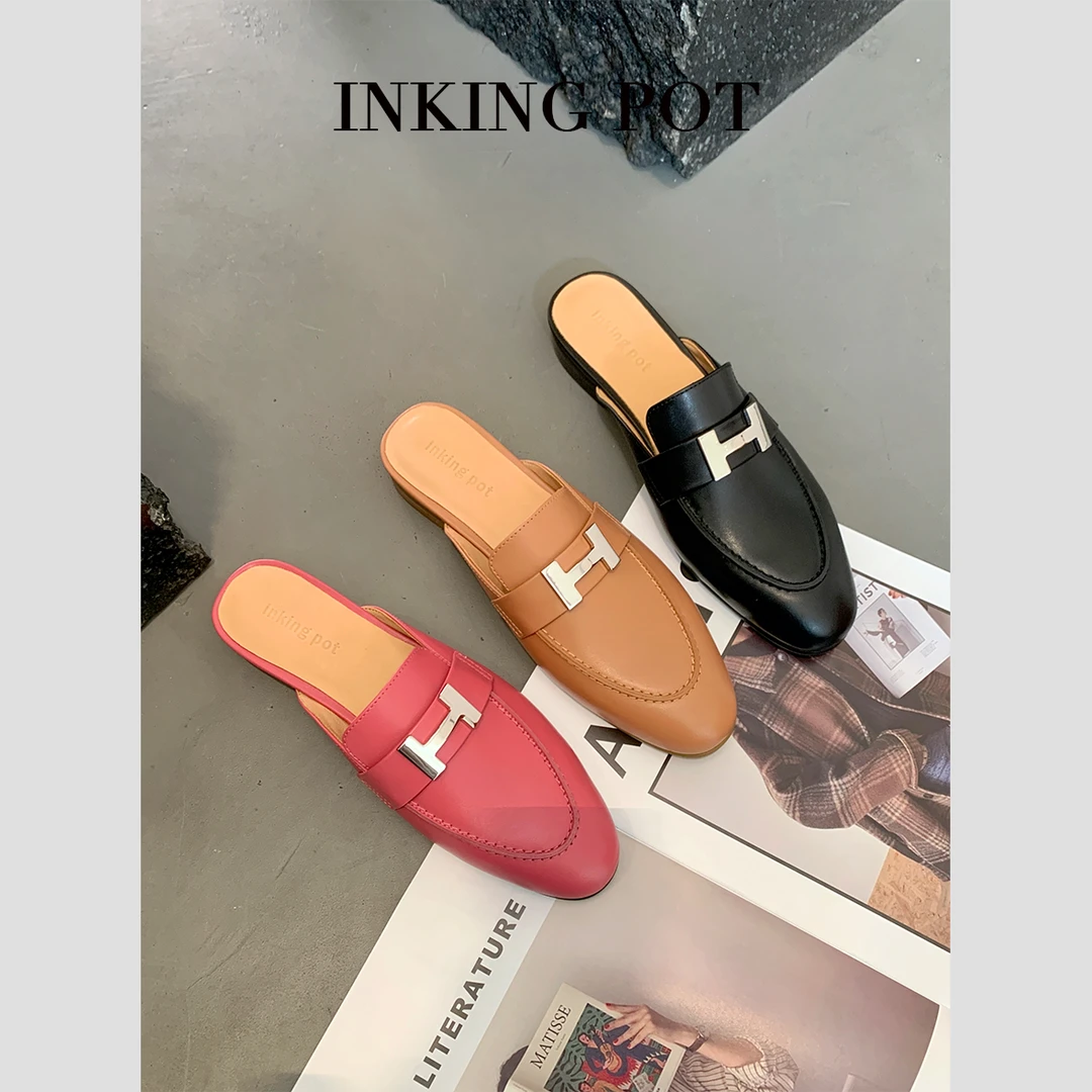 InkingPot彭姐 春季新款金属扣真皮包头舒服穆勒拖鞋女平跟圆头