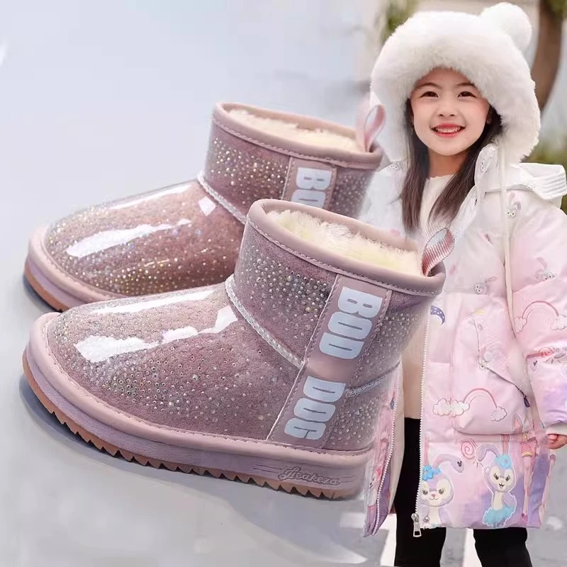 回力瑞女童雪地靴冬季防水防滑儿童短靴加厚中大童皮面保暖棉鞋潮