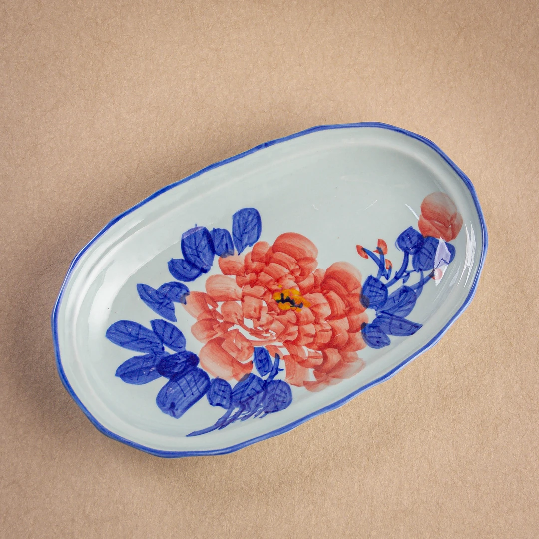 【C534多边鱼盘】景德镇高温釉下彩手工手绘家用简约椭圆D2250