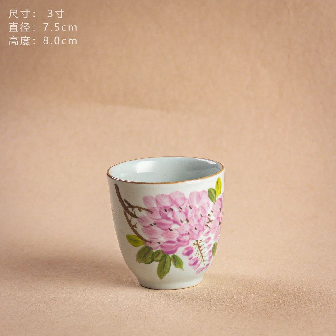 【JB4绿叶紫藤手握杯金边】景德镇高温釉下彩手工手绘J0209