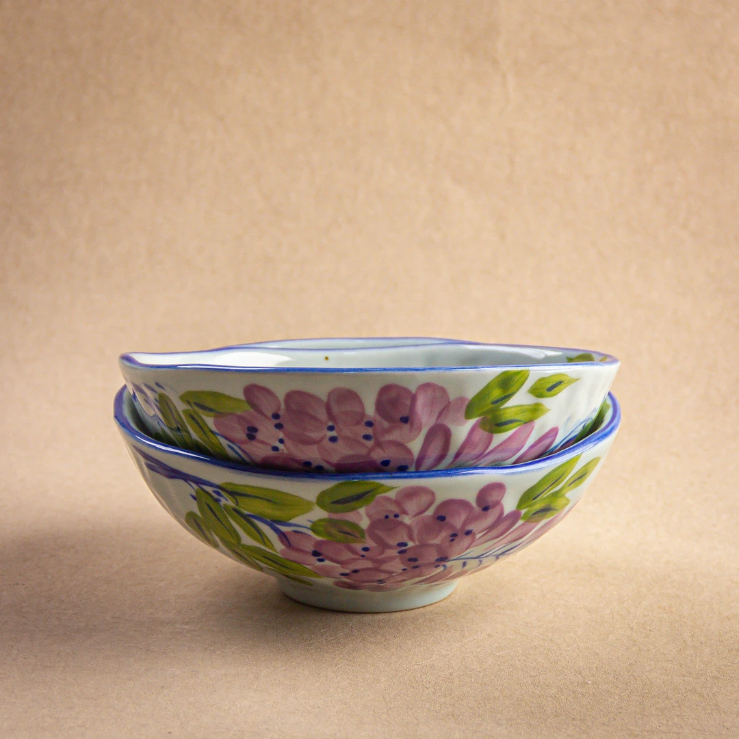 【C324绿叶紫藤手捏碗蓝边】D2278景德镇高温釉下彩手工手绘家用