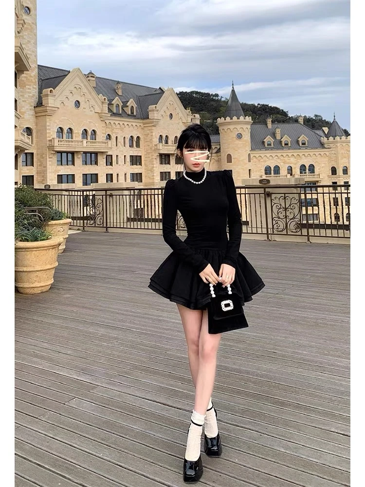 芭比家同款【富家千金】小黑裙公主连衣裙女秋冬/蓬蓬裙生日裙黑色