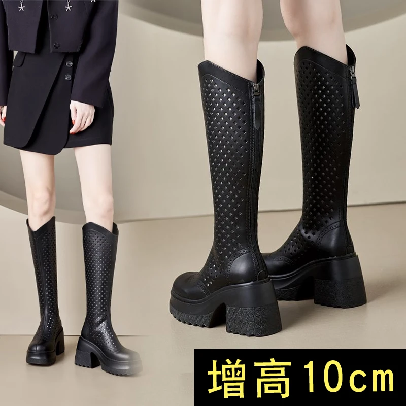 镂空气质凉靴女夏季10CM小个子白色真皮增高显瘦高筒网靴长靴薄款