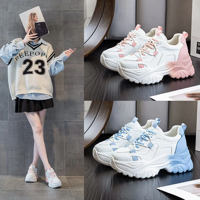 网红爆款老爹鞋女鞋冬季新款皮面小白鞋坡跟厚底增高运动休闲鞋子