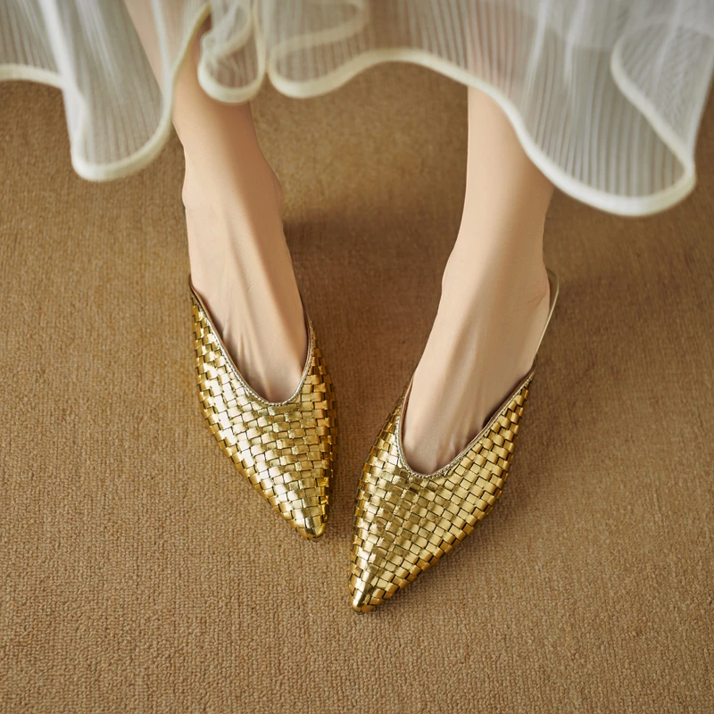 【左右脚】牛皮/猪皮/羊皮【4CM】34-40尖头洋气复古编织夏季包头拖女