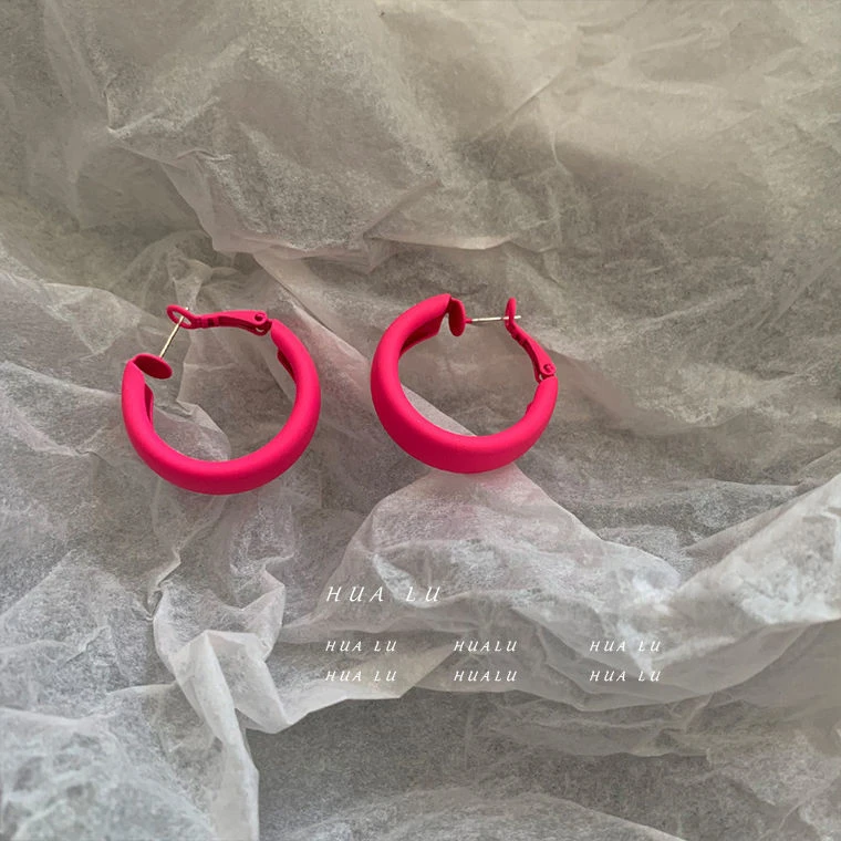 HUALU-迷人的颜色~玫红色圈耳环2023新款潮耳钉韩国气质网红耳夹
