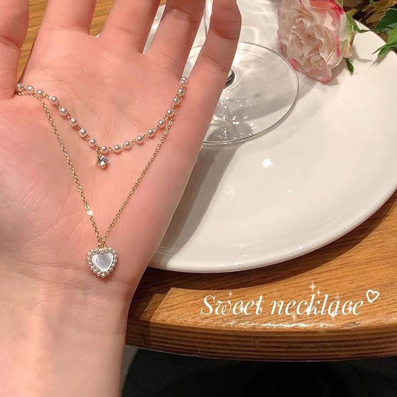 夏季珠珠双层爱心项链女轻奢高级设计小众叠戴精致锁骨链颈链ins