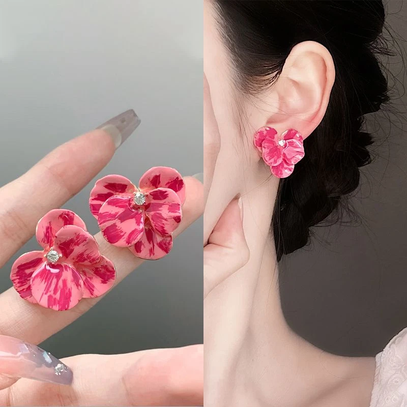 「林中花语」显白上镜!玫红色花朵耳环女复古法式轻奢耳钉耳饰夏