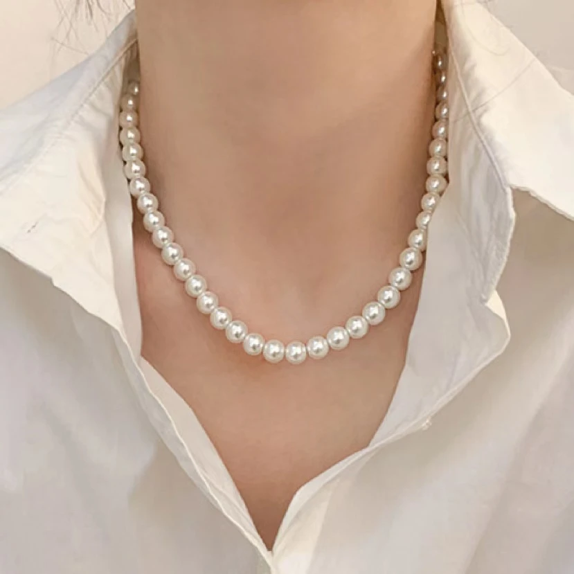 铜合金仿珍珠项链 高亮正圆珍珠项链女秋冬韩国高级感轻奢风锁骨