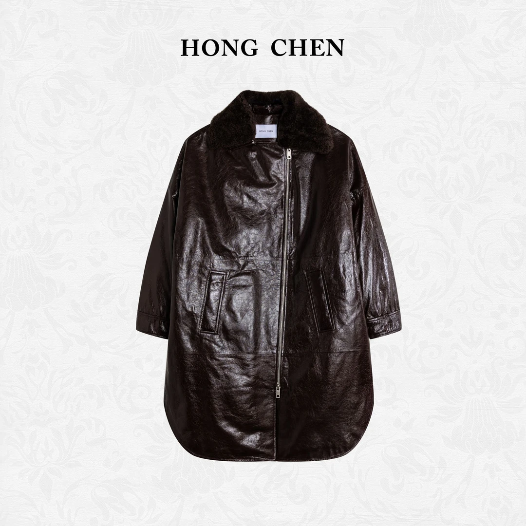 【虹辰】进口油蜡羊皮百搭经典可拆毛翻领时尚长款鹅绒服HC2087