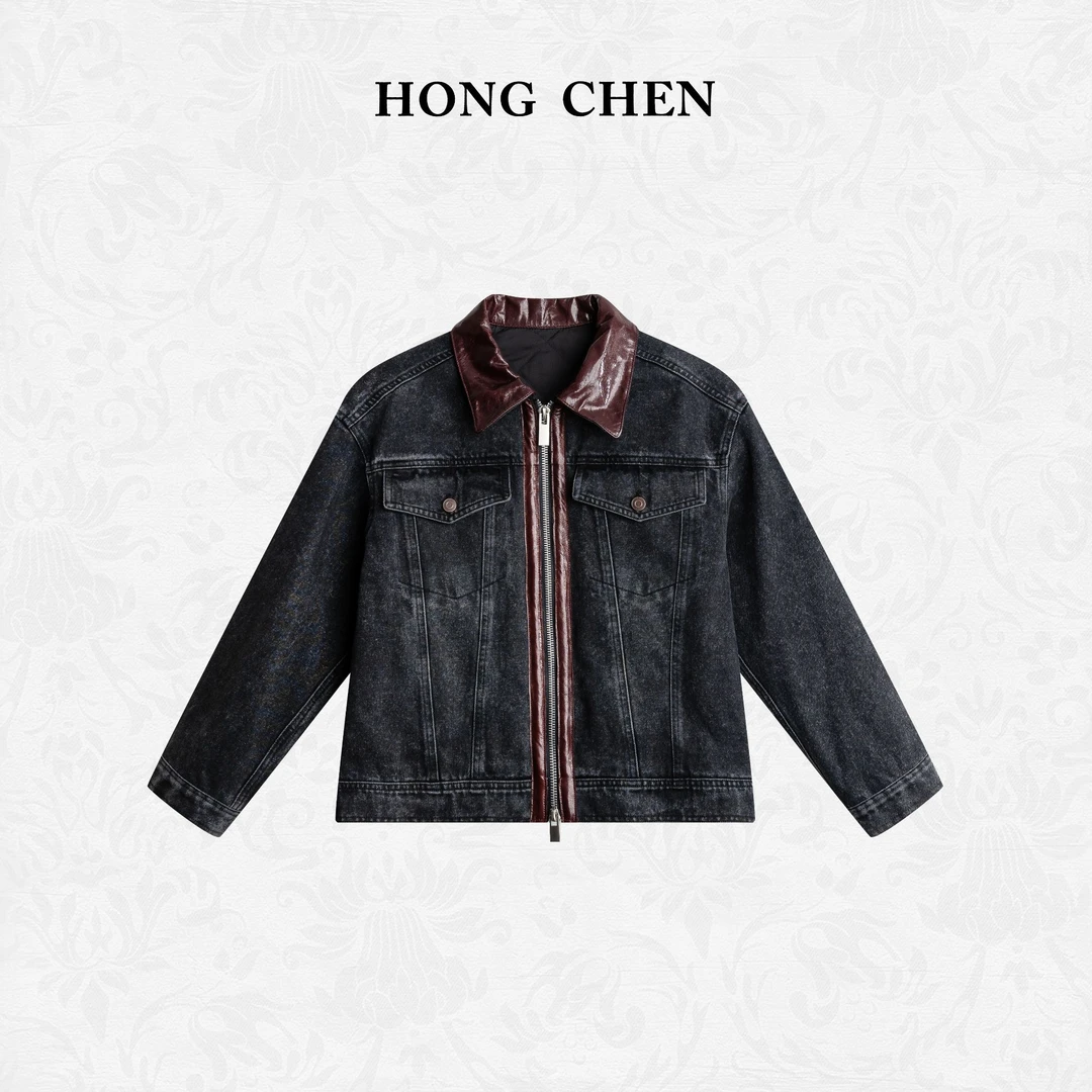 【虹辰·牛仔棉服】高端时尚皮翻领复古百搭气质高级感棉服-HC1991