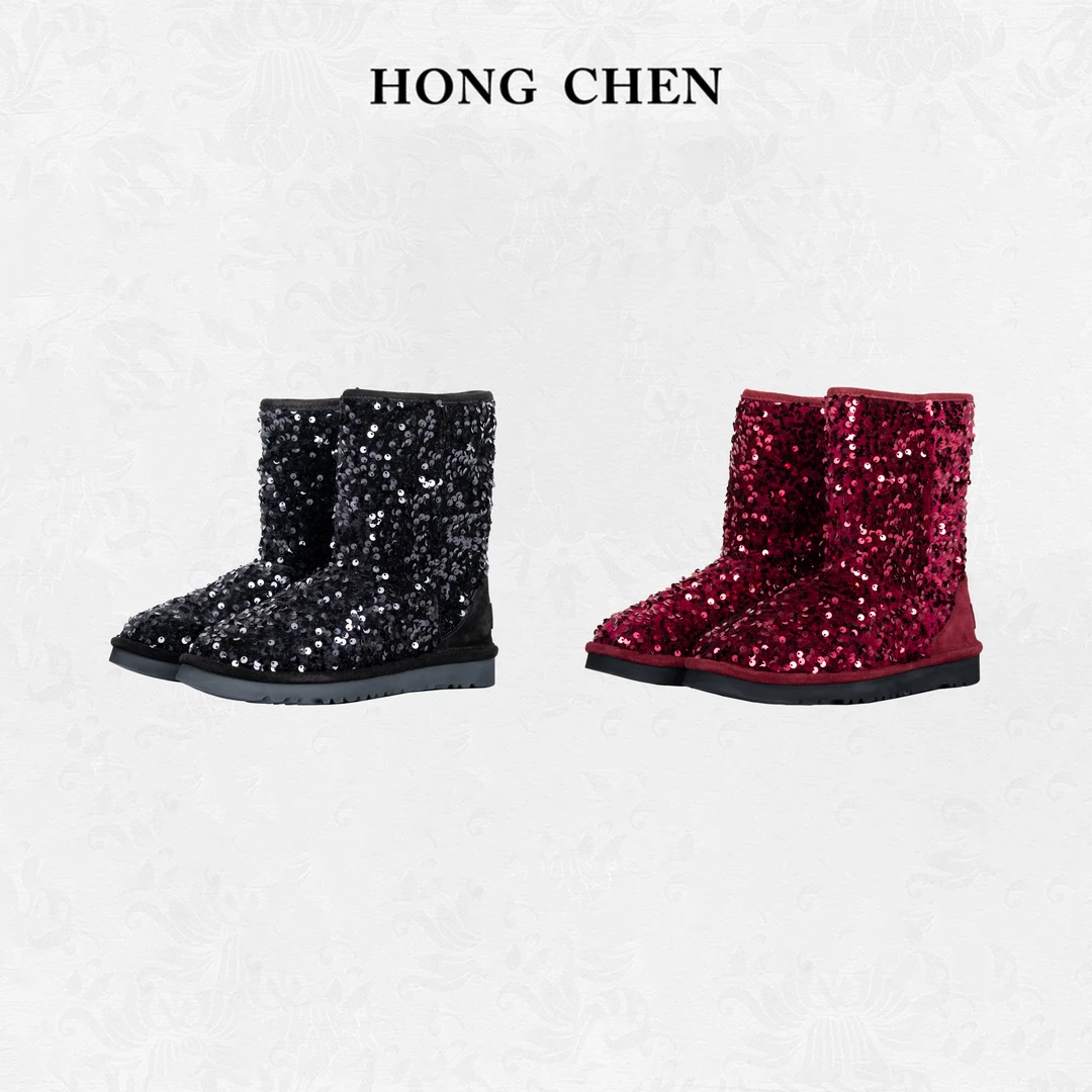 【虹辰·亮片保暖靴】高端时尚亮片高级感厚底防滑中筒保暖靴-HC2035