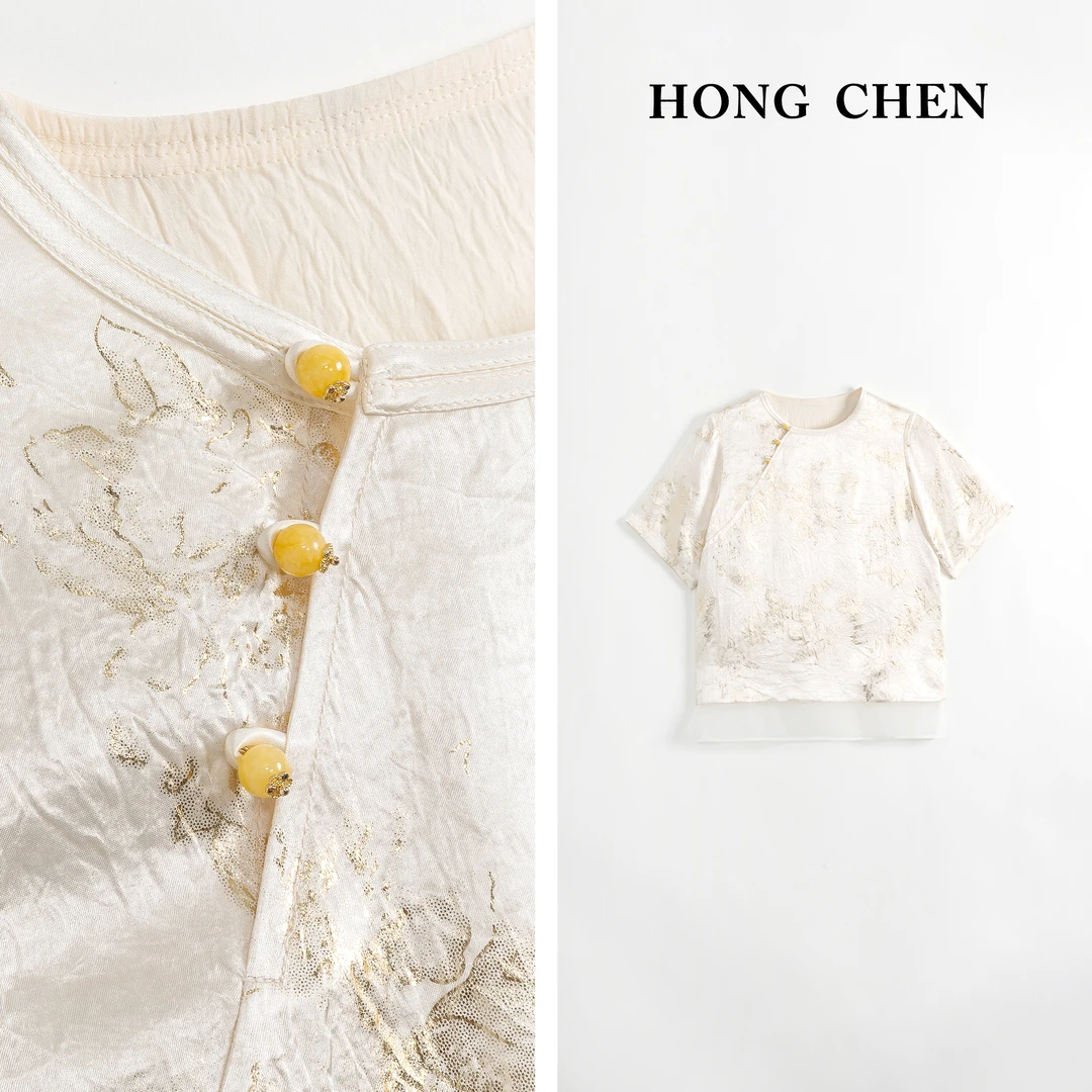 【虹辰】高端金箔花时尚显年轻气质显瘦百搭醋酸上衣-HC1288