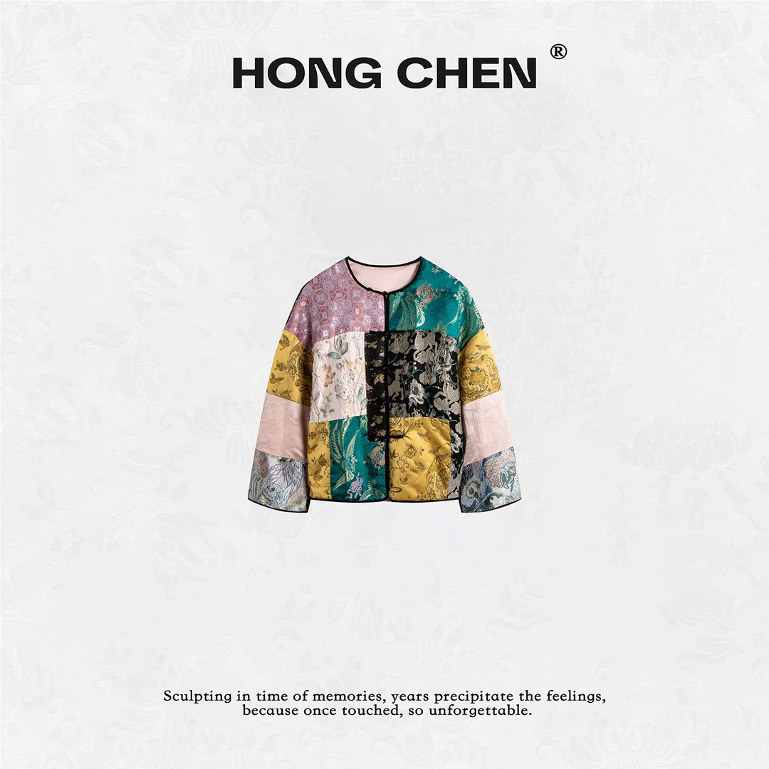 【虹辰·缺衣不可】高端桑蚕丝宋锦时尚拼色百搭高级棉外套--HC2091