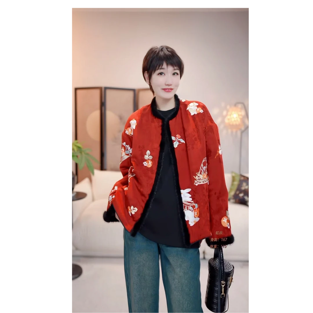 【虹辰·柿柿如意水貂毛】高端时尚立体绣花3M棉气质高级外套-HC2107