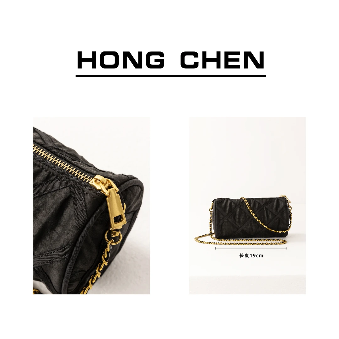 【虹辰.香云纱包】气质香云纱时尚蚕丝百搭小众圆筒菱格包包--HC663