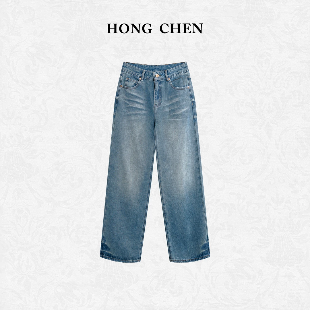 【虹辰·百搭牛仔裤】高端时尚宽松显瘦经典磨边高级感阔腿裤-HC2070