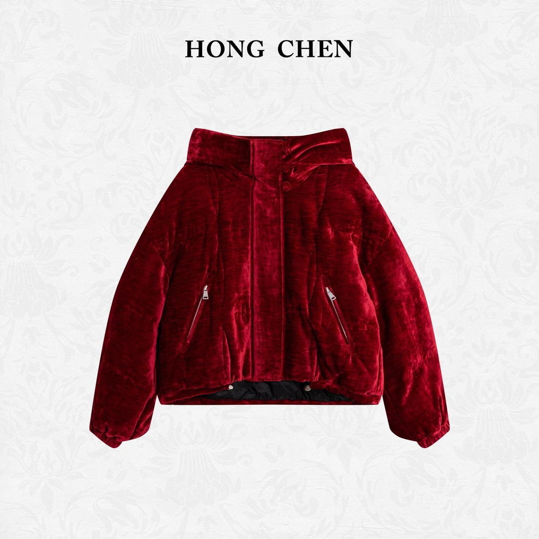 【虹辰·绒面鹅绒服】高端时尚连帽长袖款气质高级感红色-HC2086