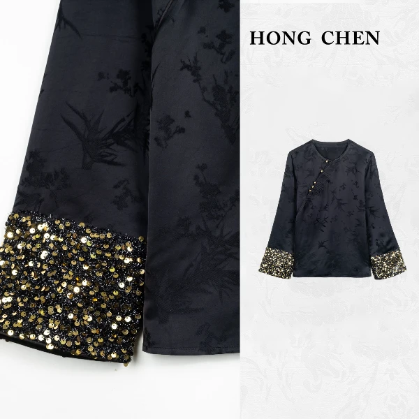 【虹辰】高端时尚金色珠片优雅百搭高级感金色扣圆领提花上衣HC2009