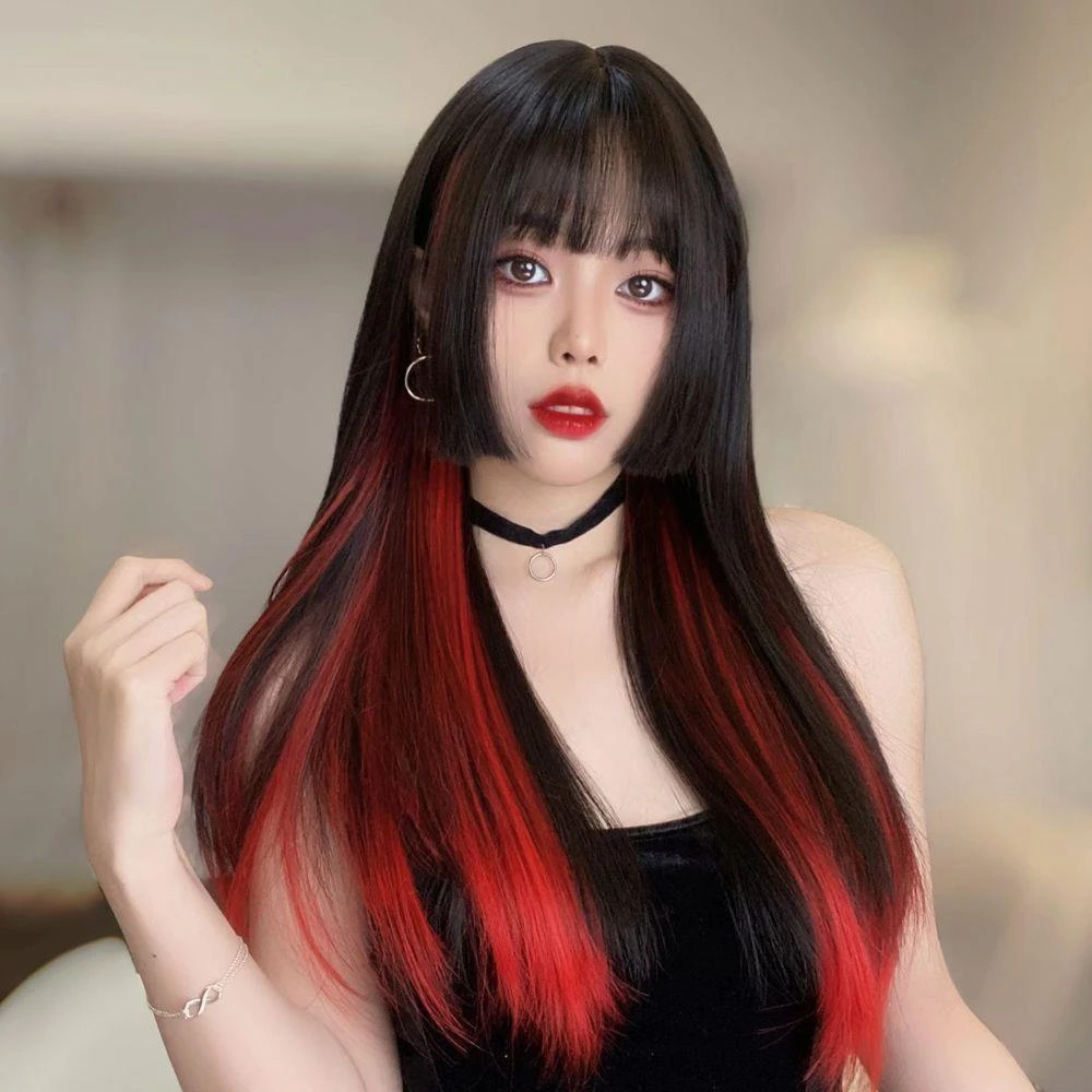 假发女公主切直发一刀切长发黑红挂耳染万圣节款仿全真人发全头套