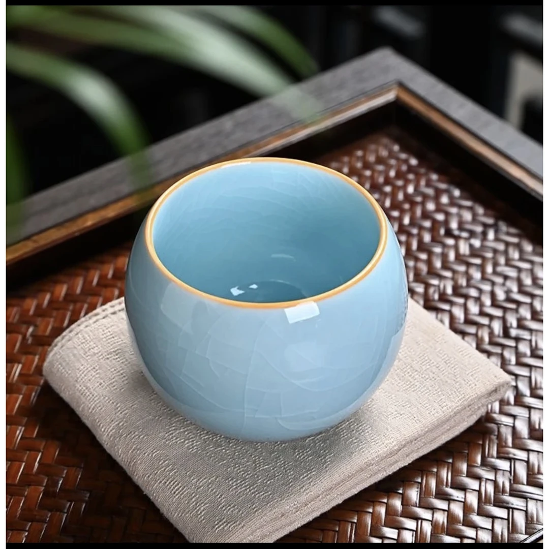 天空蓝色 冰裂龙蛋杯 高端茶器 图案 冰花 手工茶杯