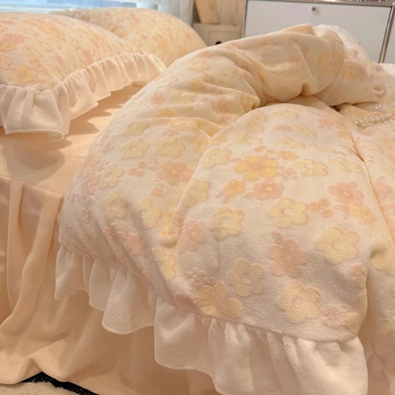 公主风冬季花边牛奶绒床上四件套加厚珊瑚法兰绒面被罩床单三件套