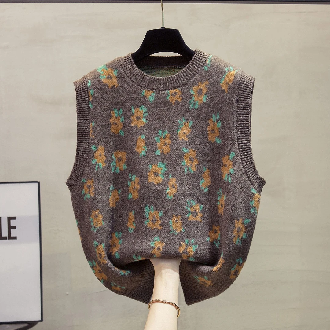 故事里的小黄花圆领针织马甲背心女秋冬新款宽松马夹外穿上衣外搭