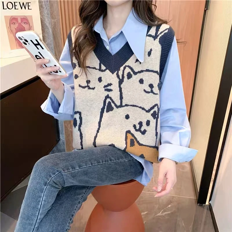 招财猫马甲背心外套秋冬外搭新款针织女士毛衣韩版V领宽松外穿潮