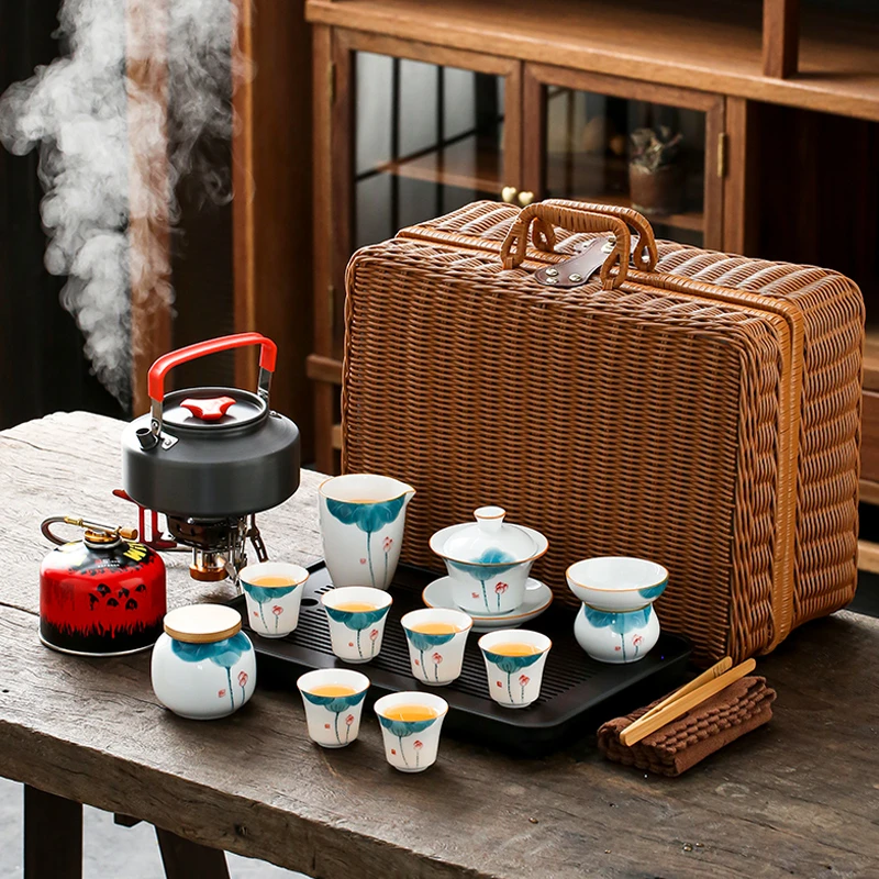 藤编野营便携式茶壶旅行茶具套装手绘陶瓷带烧水炉车载野外收纳箱