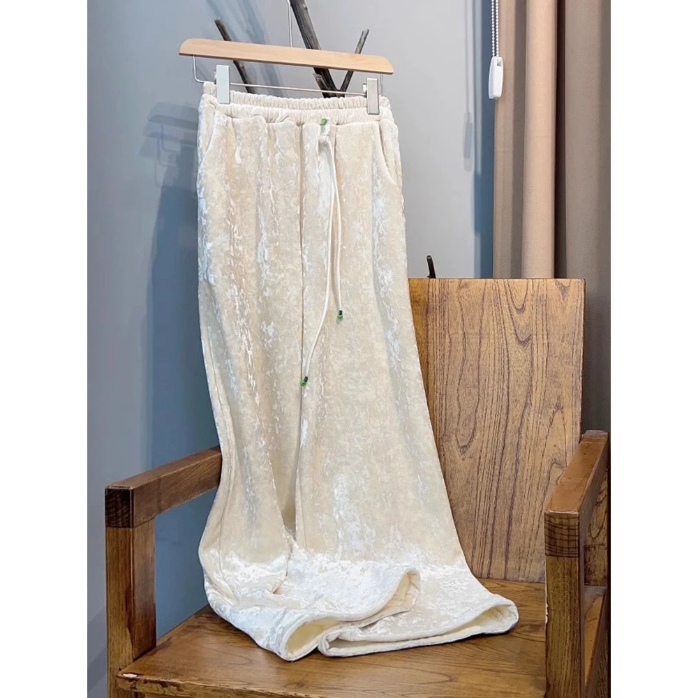 新中式国风丝绒裤子女秋冬季2024新款小个子加绒直筒休闲阔腿裤