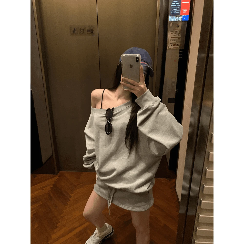休闲运动套装灰色斜肩卫衣女秋季2024新款卫衣裤裙时尚百搭两件套