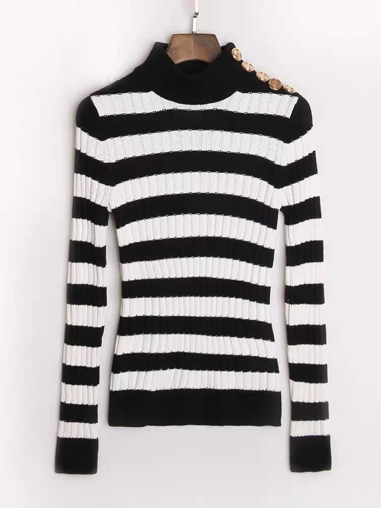 BALM*IN黑白撞色条纹 金扣肩线 活力减龄半高领针织衫 83%viscose